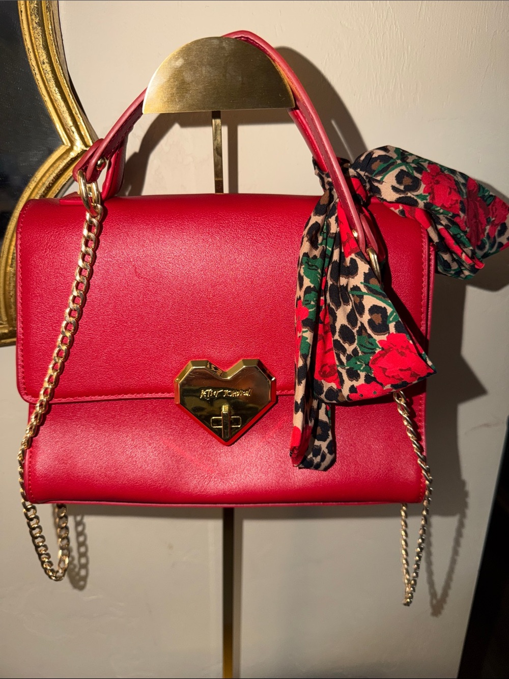 Betsey Johnson Red Satchel with Gold Heart Lock and Floral Scarf Accent